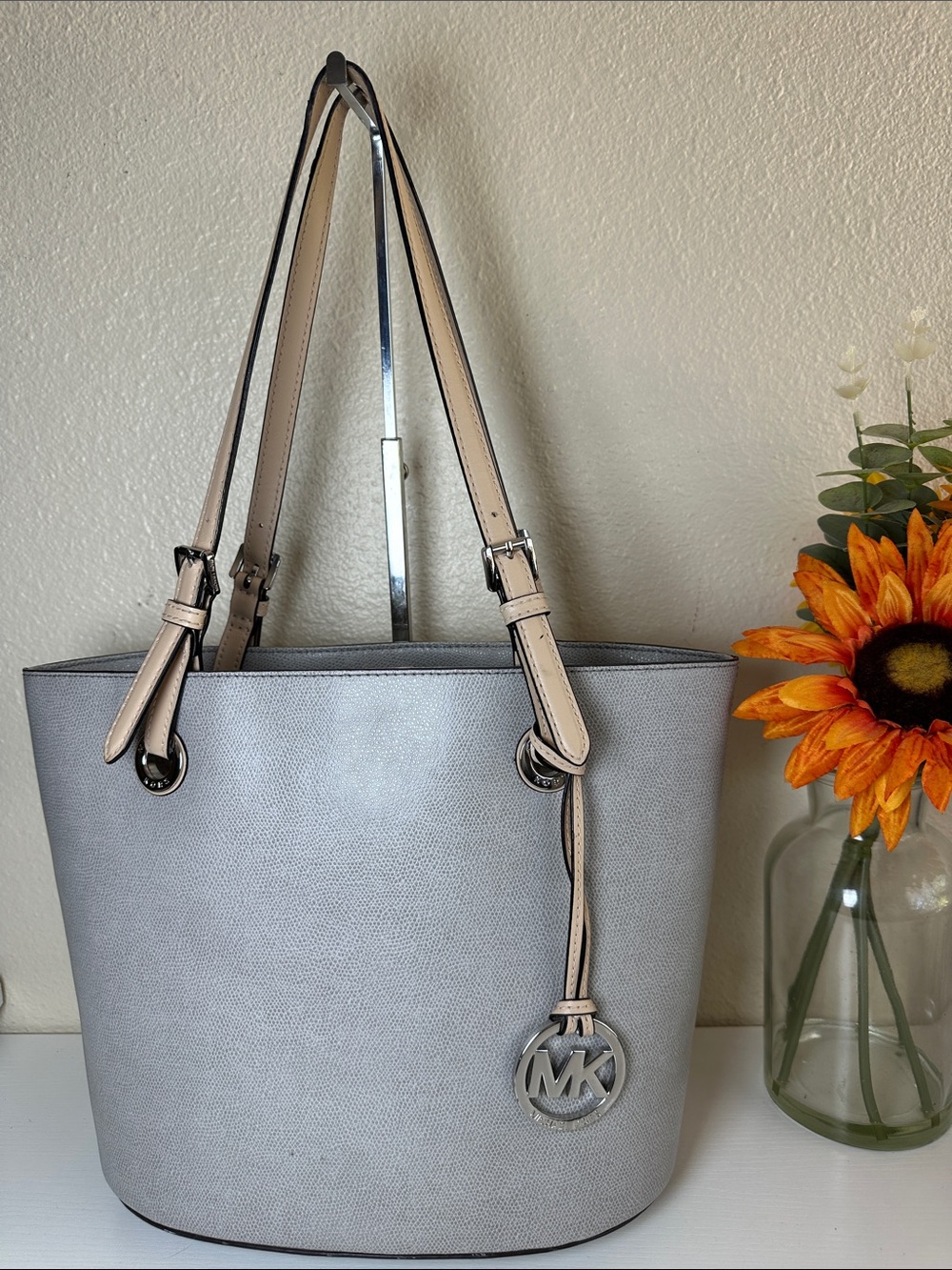 Like New Michael Kors Gray Leather Tote with Beige Straps & Charm